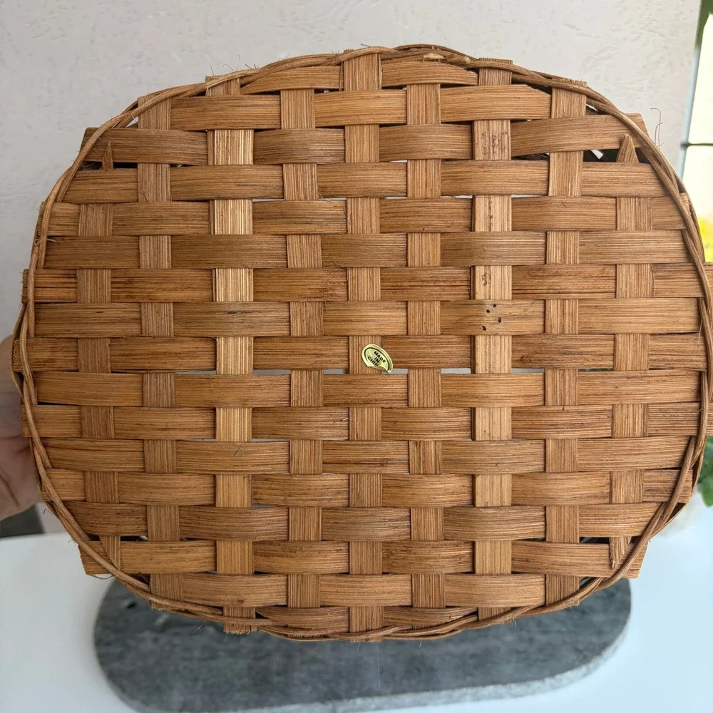 Vintage Style Woven Splint Oval Basket with Handle Red and Green Accents